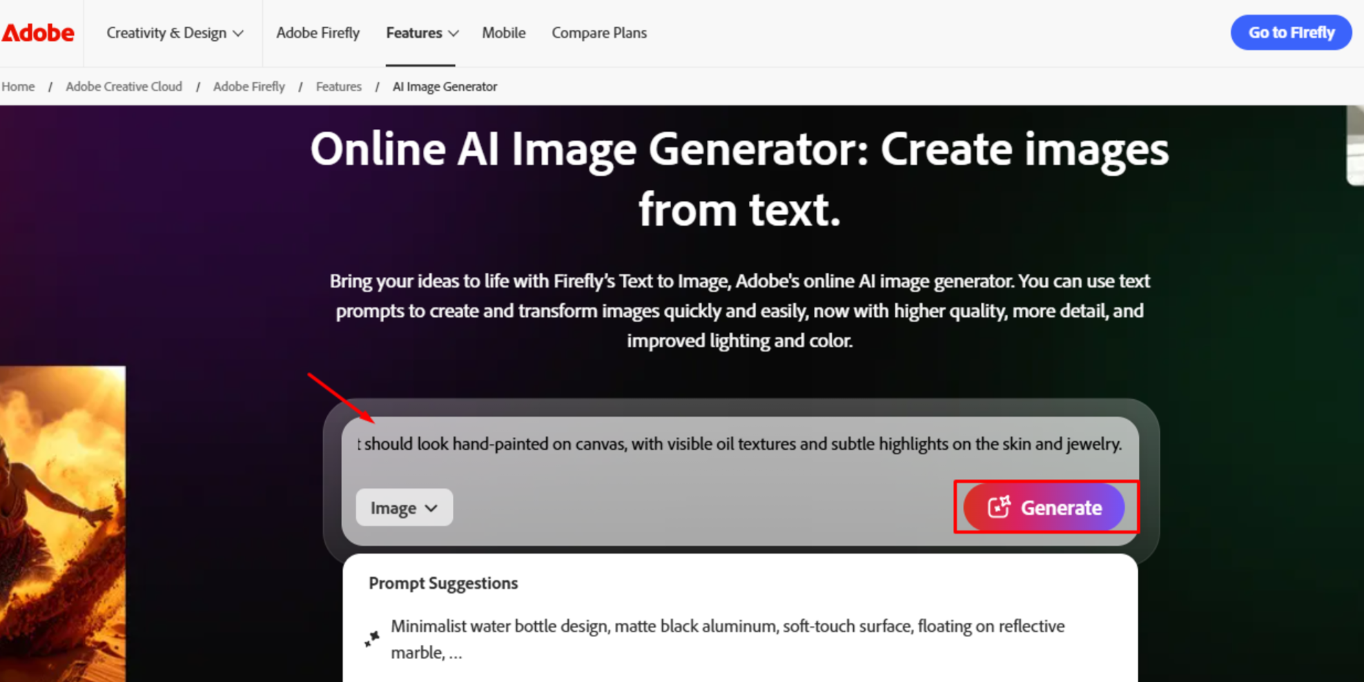 Firefly prompt and style settings for text-to-image generation