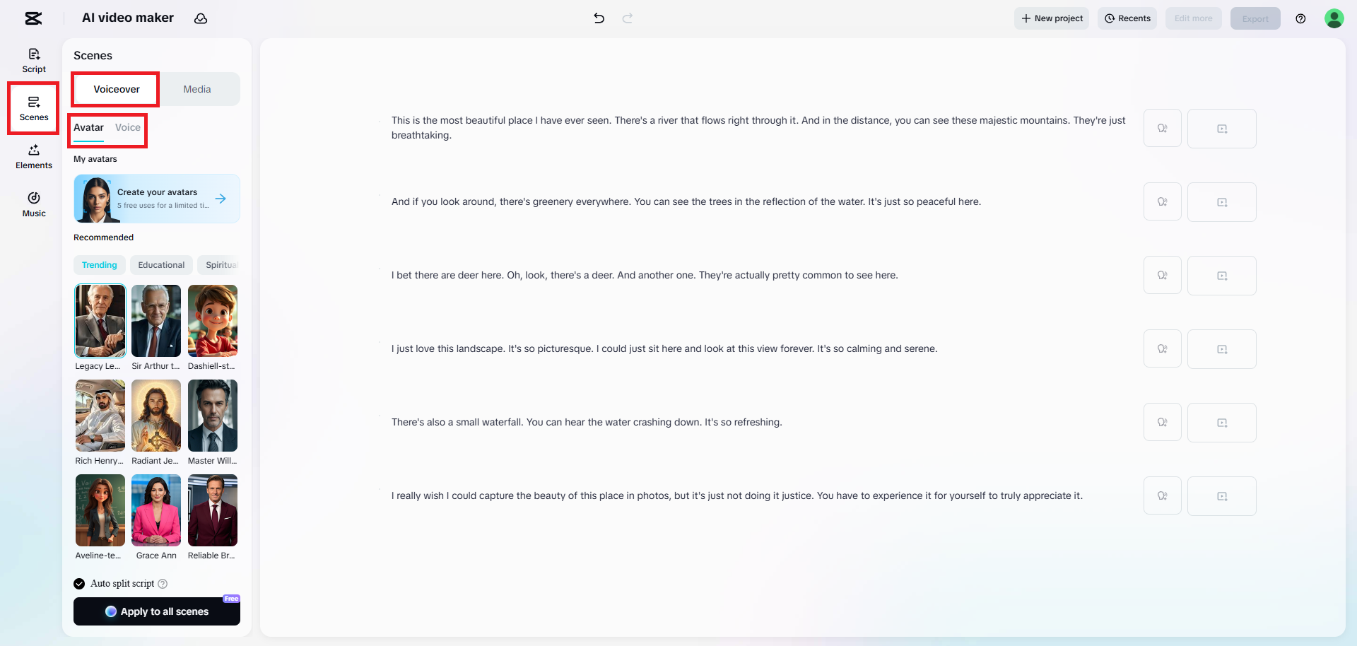 Select your video avatar and voice