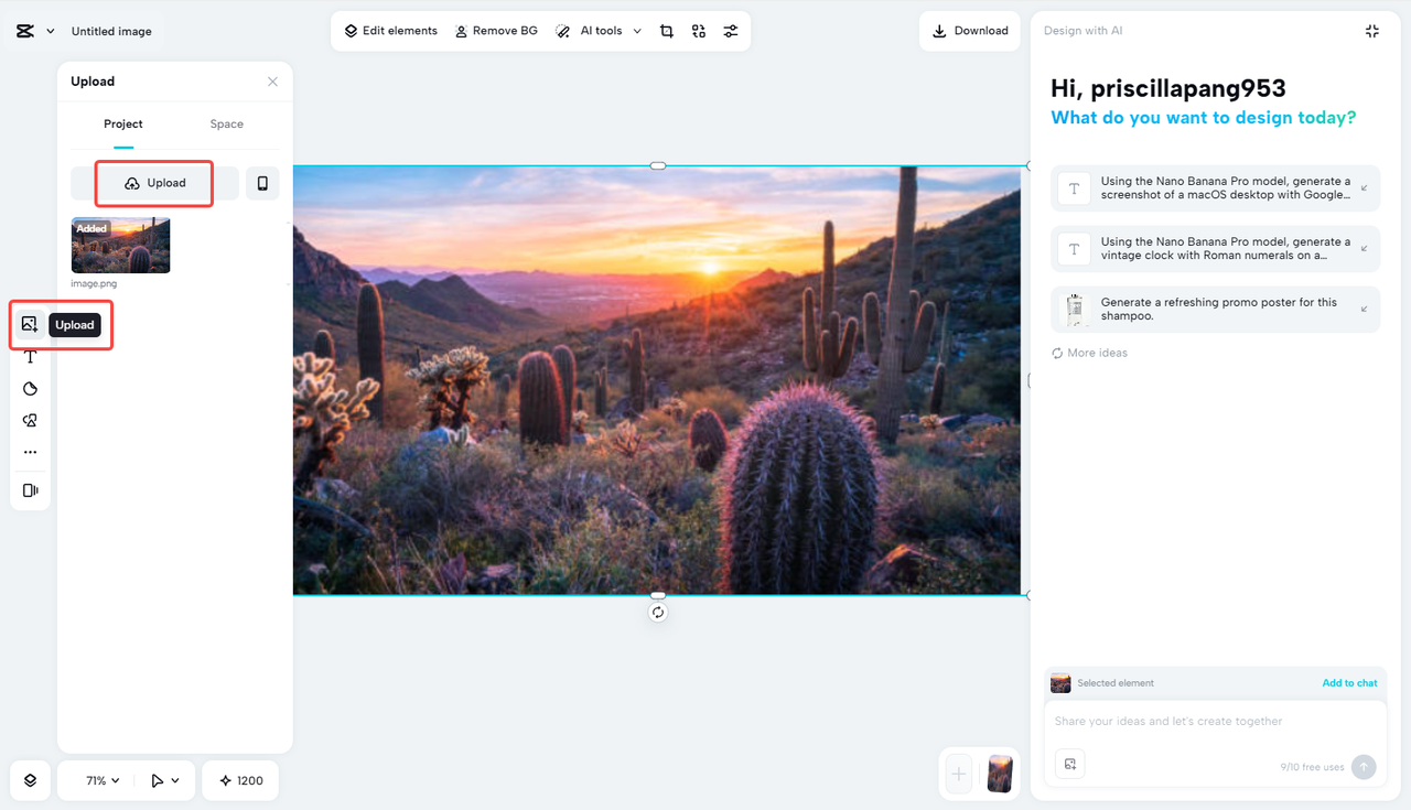 Upload the image to CapCut