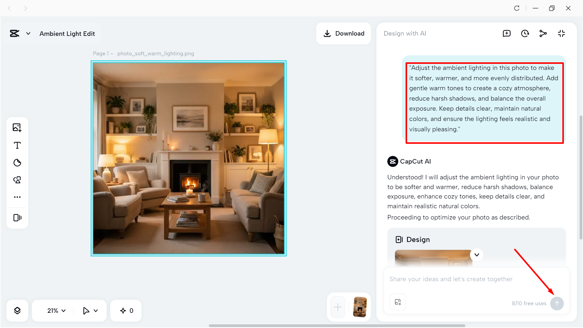 Adjust ambient light with text prompts in CapCut