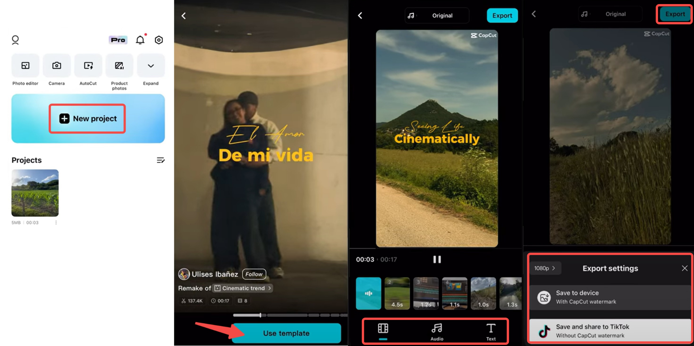 Gränssnitt för CapCut mobilapp
