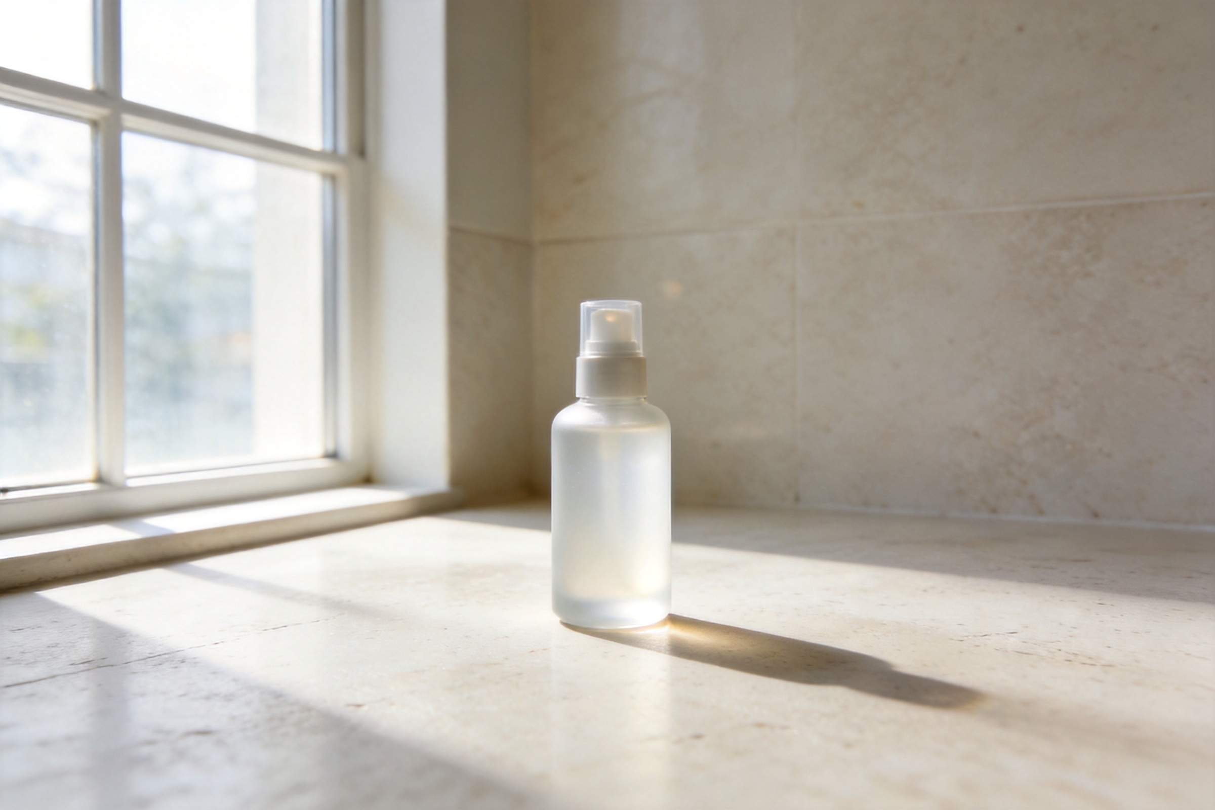 Frosted spray bottle on a sunlit bathroom counter beside a window