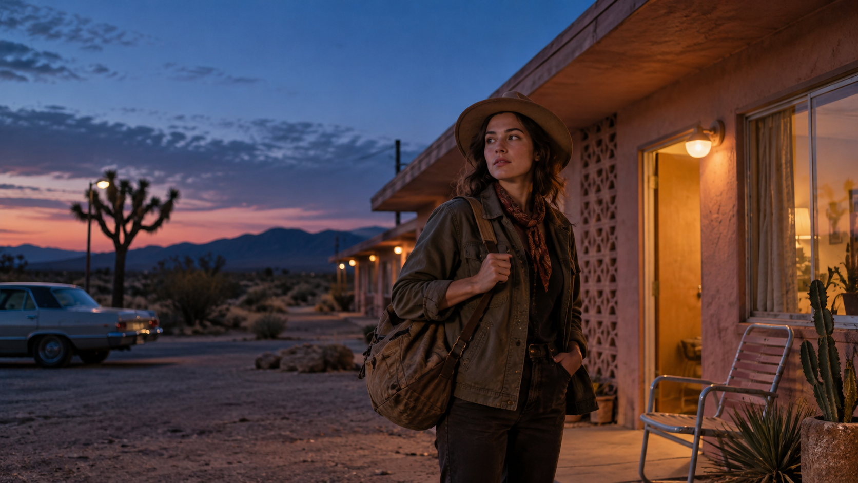 シネマティックな背景のポートレートプロンプト: Desert Motel Portrait