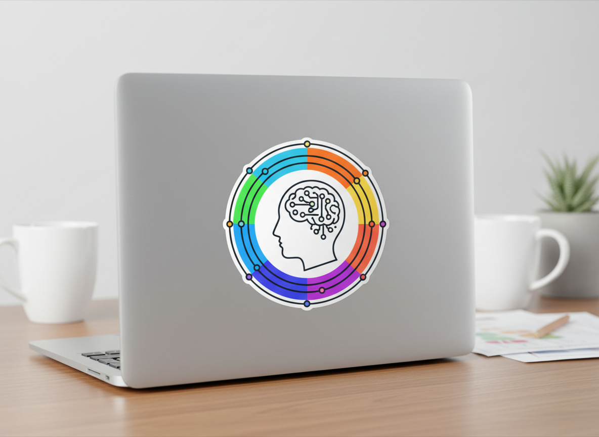 Flat design AI avatar sticker on a laptop lid, minimalist line art, clean contour, soft shadow, simple desk scene.