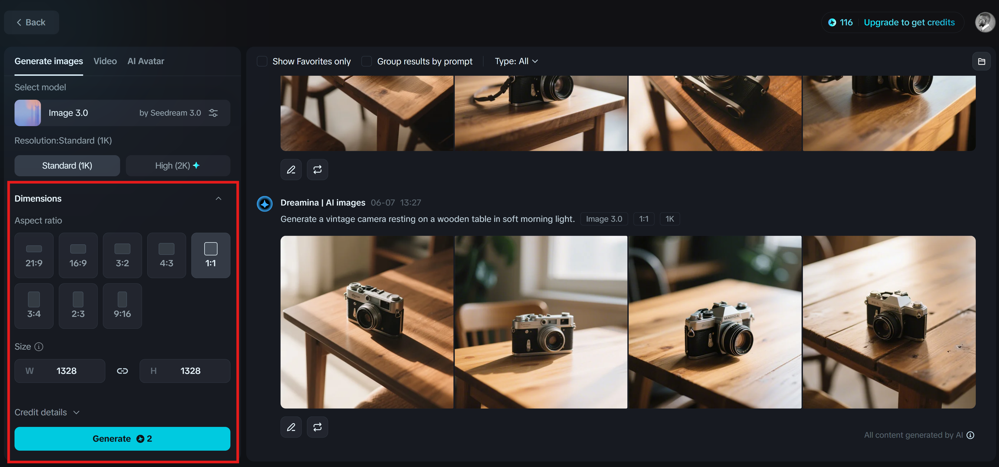 Dreamina: prompt to image setting