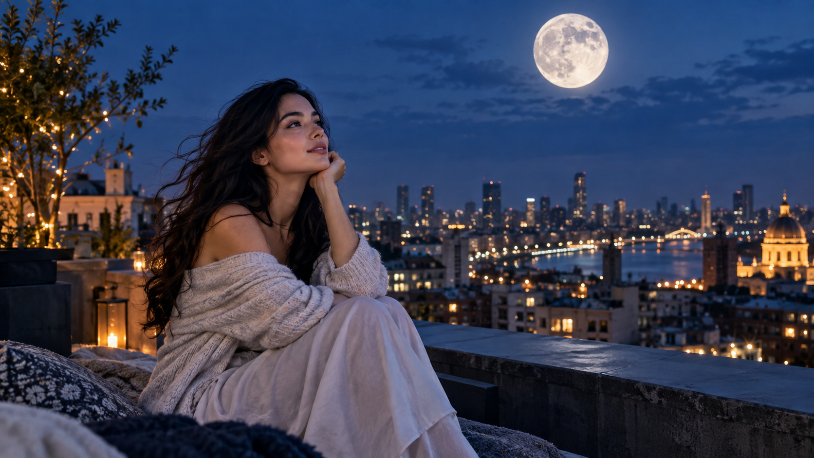 a dreamy rooftop moon portrait