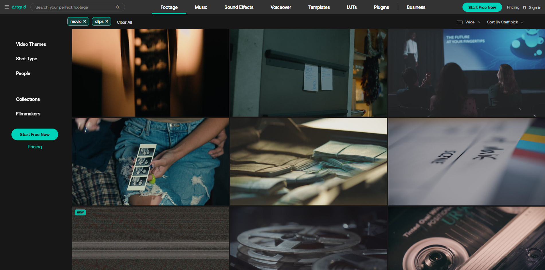 Artgrid felülete - egy másik webhely, hogy video klipek tárcsák