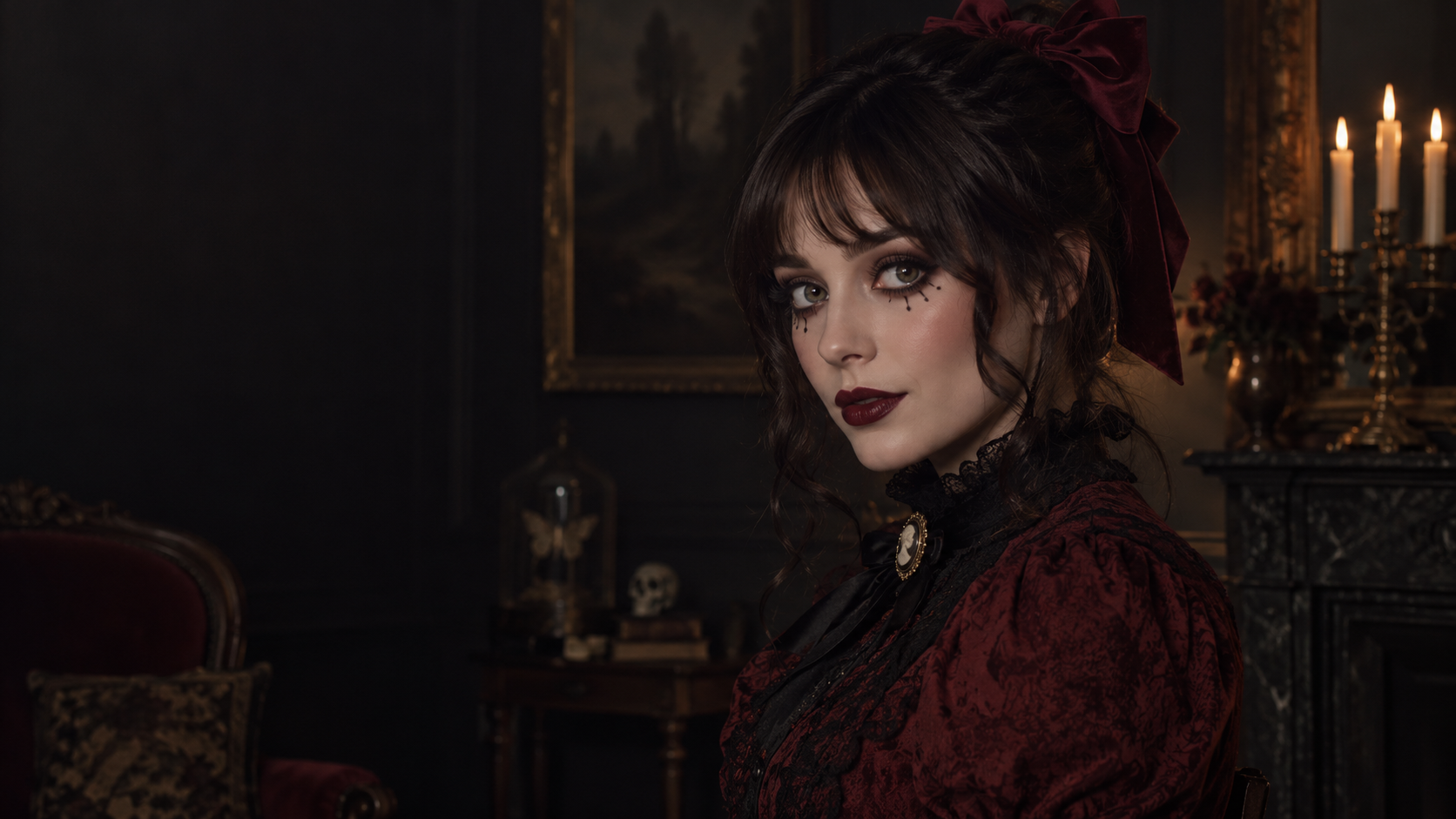 Gothic Doll Portrait: A fictional adult woman with rounded dark doll eyeliner, small painted lower lashes and burgundy bow, moody Victorian interior, believable cosmetic texture.