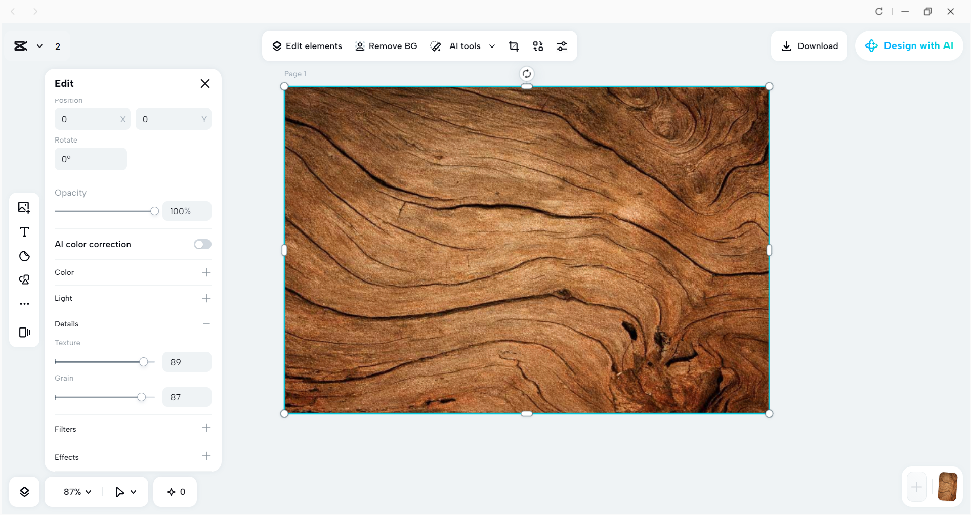 Interface of the CapCut desktop video editor - a tool to refine textures in photography