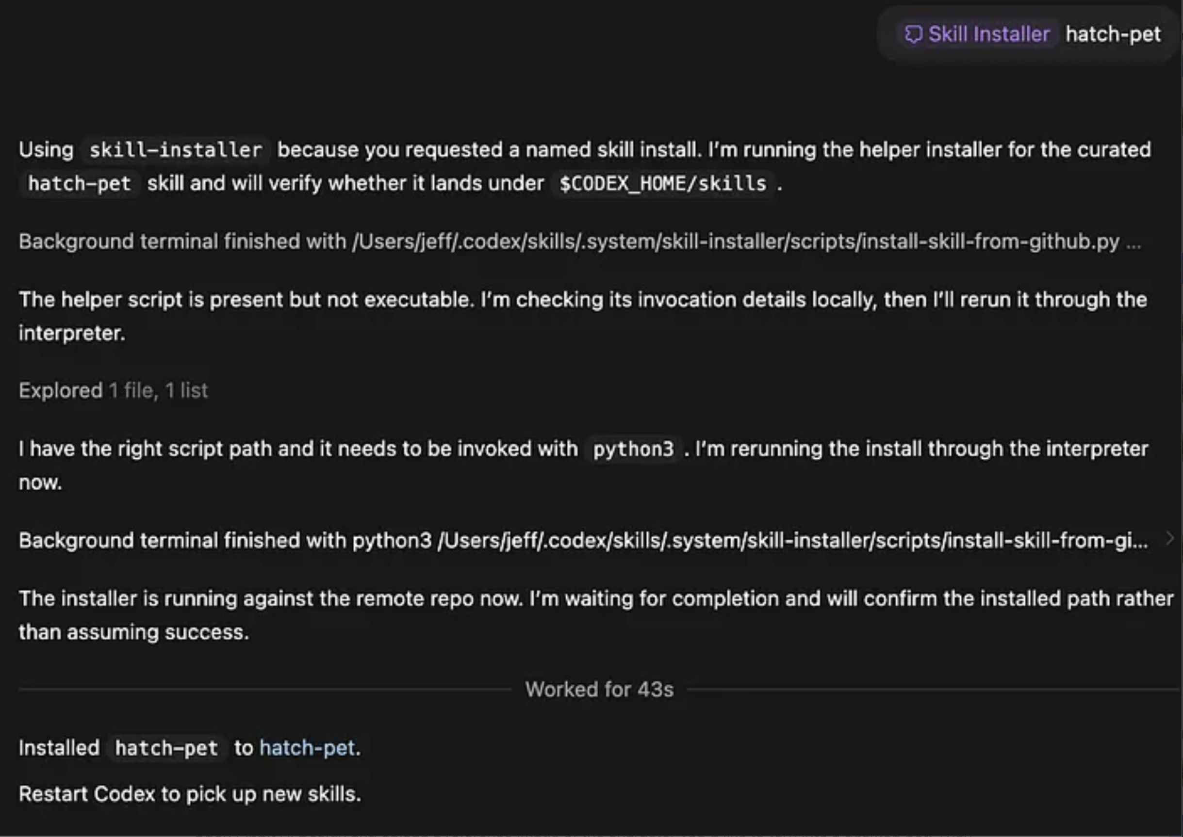Installing the Hatch Pet skill in OpenAI Codex