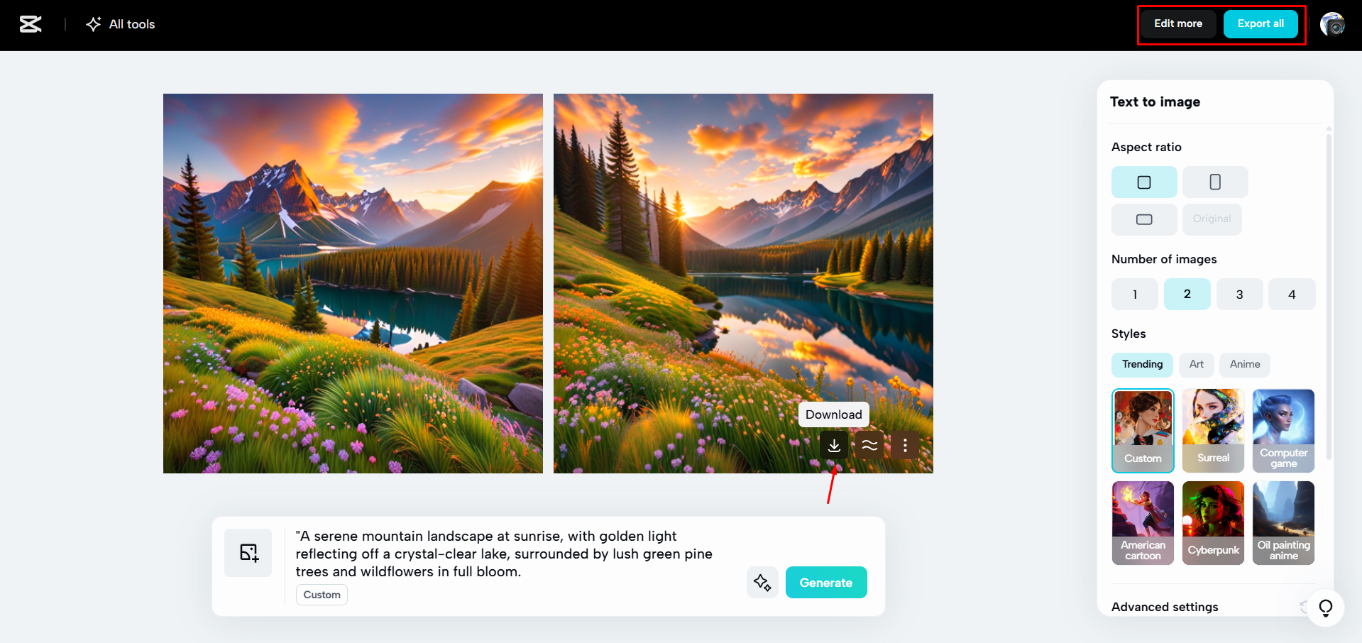 Herunterladen der Bilder von CapCut Web