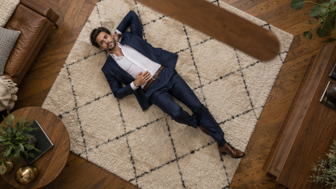 16:9 premium overhead fashion still, original adult man lying comfortably on cream rug, navy tailored suit and white shirt, warm loft floor, one wooden ceiling fan blade crossing upper foreground without covering face, camera straight down, complete body, soft window light, no text or logos.