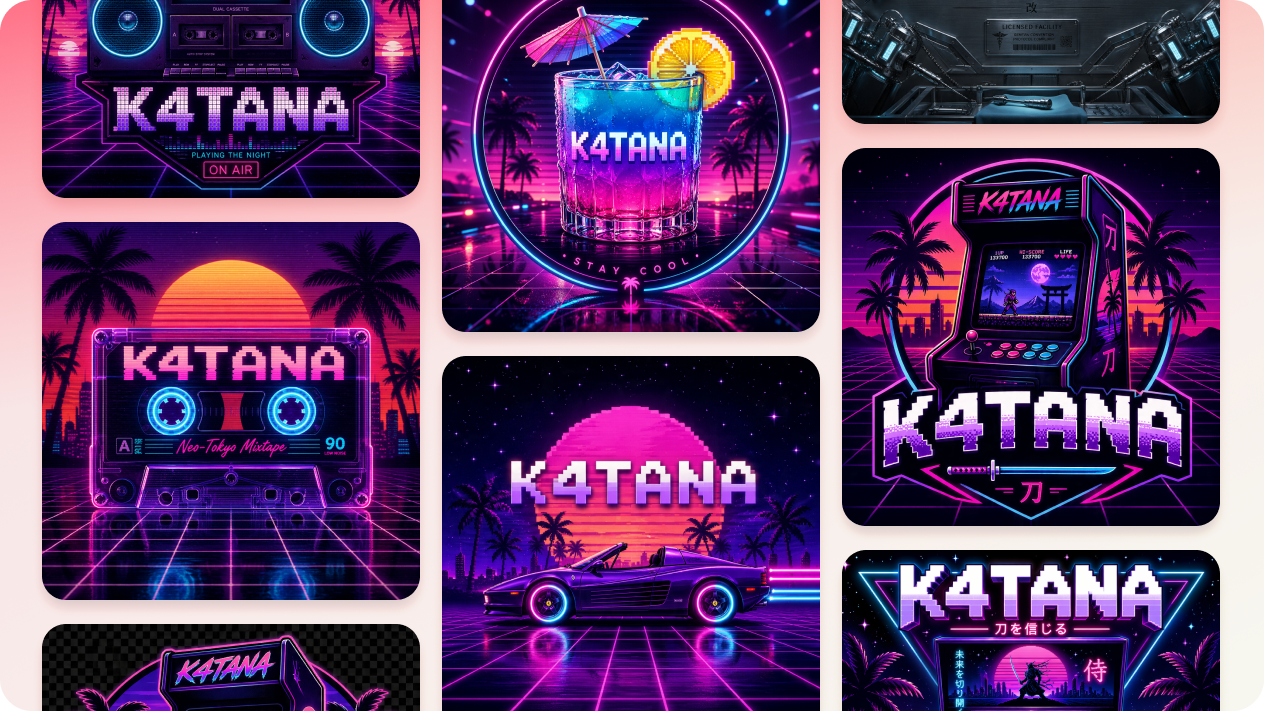 Explorează zeci de concepte de logo cyberpunk cu un agent AI