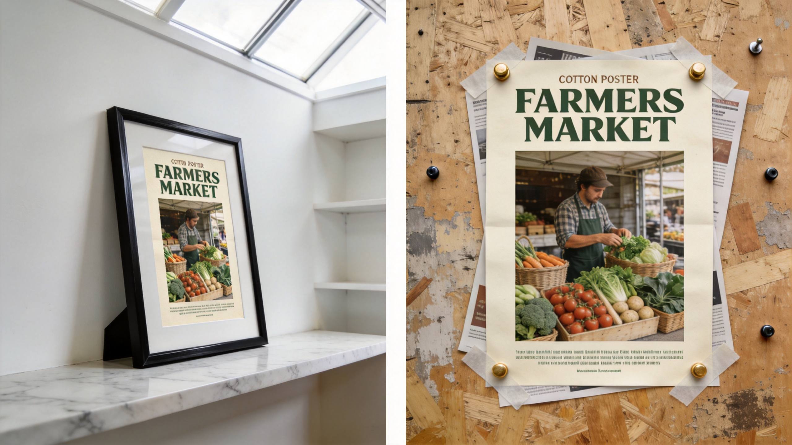 Farmers market poster mockup displayed in a black frame and pinned to a wooden board