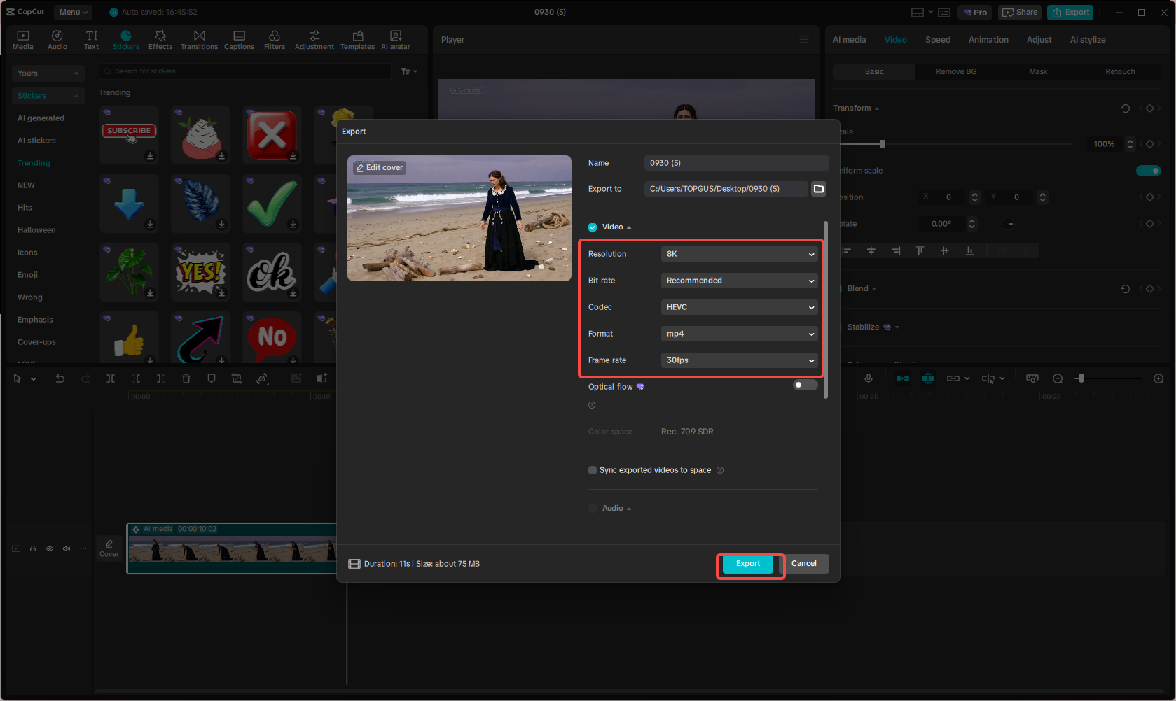 Export the finished story video