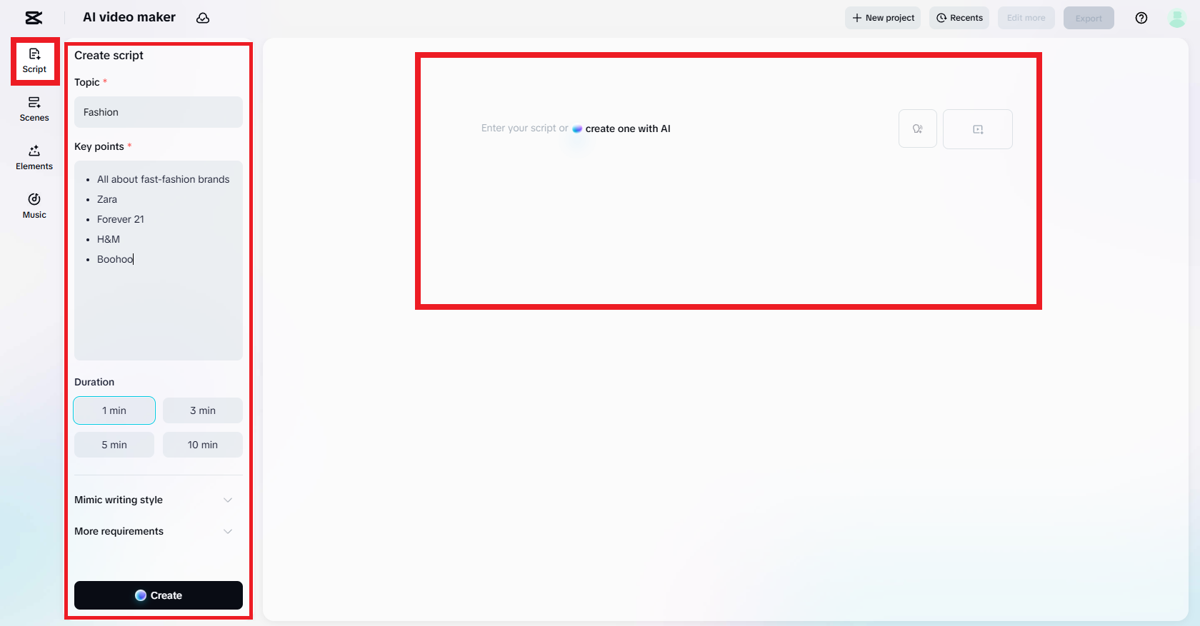 上傳您的腳本或使用 AI 進行創建