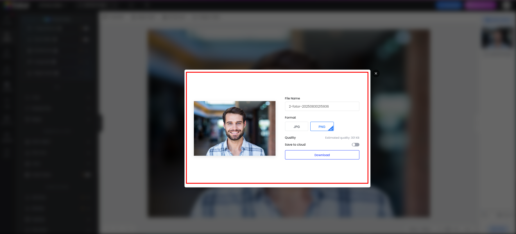 Herunterladen des bearbeiteten Bildes aus dem Fotor-Online-Fotoeditor