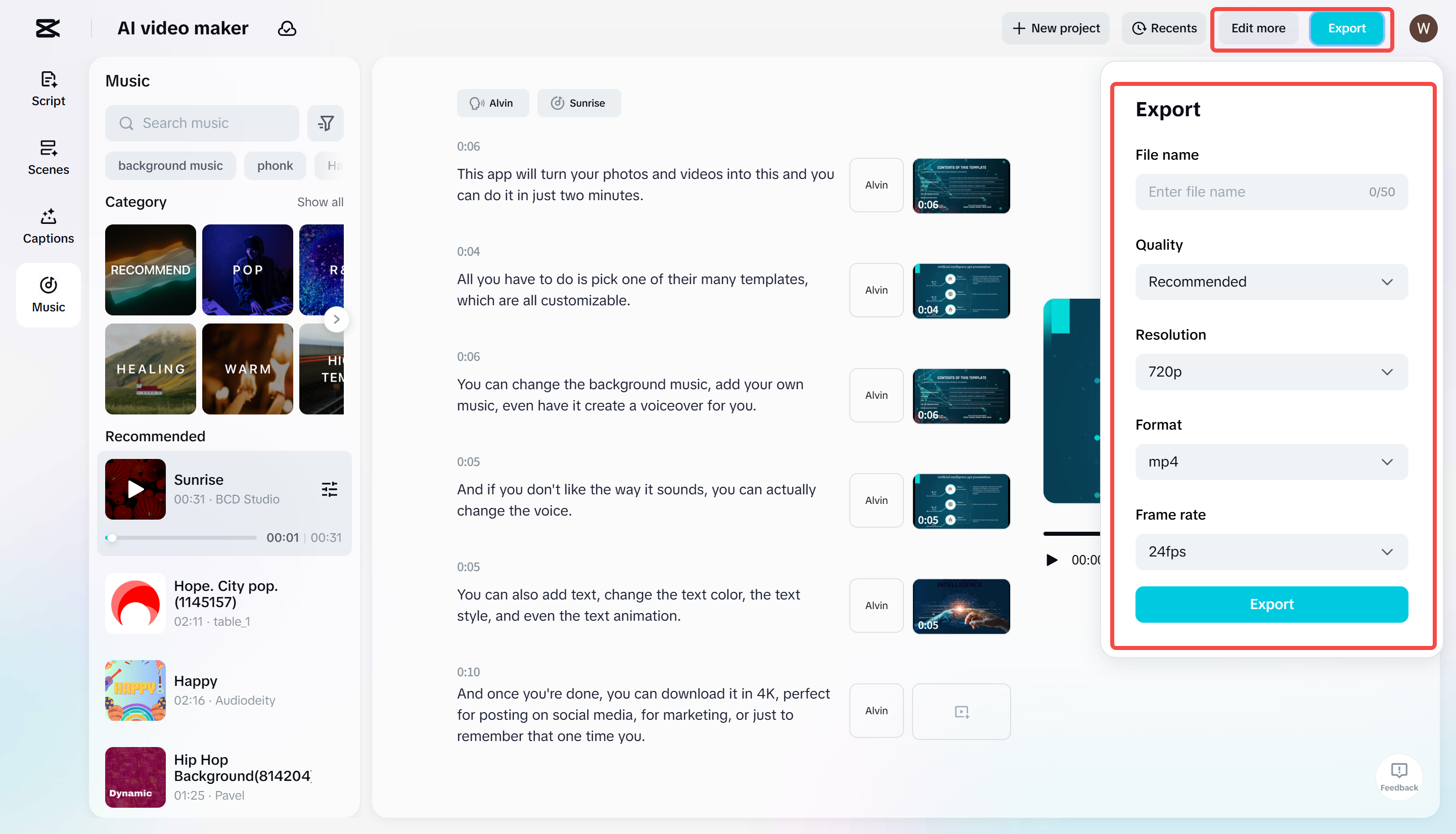 Exporting the video from CapCut's AI video maker