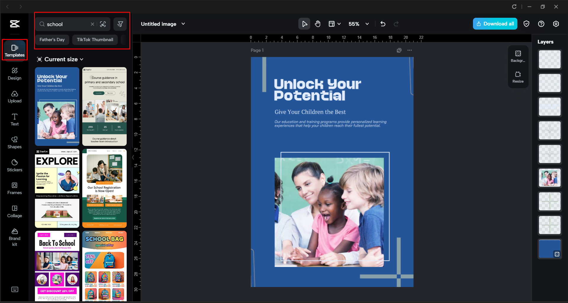 Choosing a school flyer in the CapCut desktop video editor
