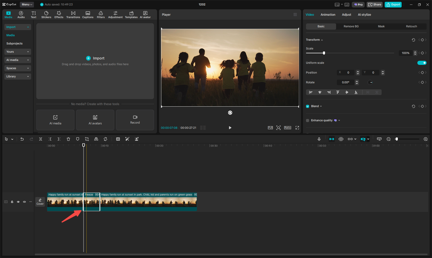 Freeze a frame in the video using CapCut