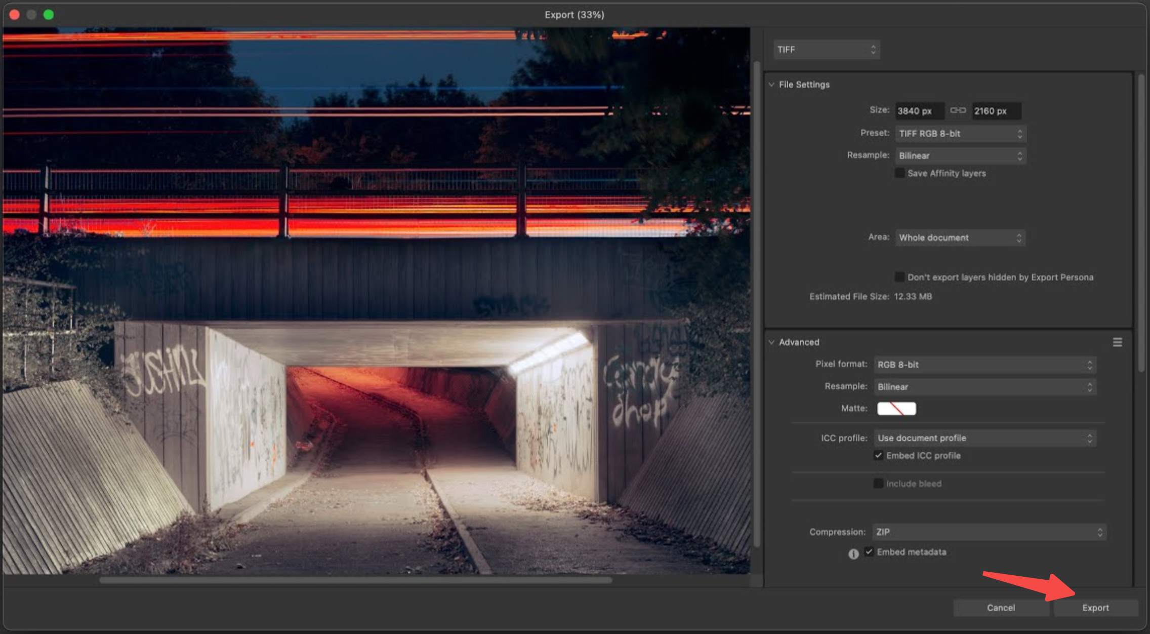 Exporting an image from the Affinity photo editor