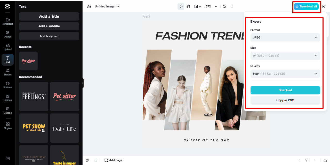 exporting image from Pippit
