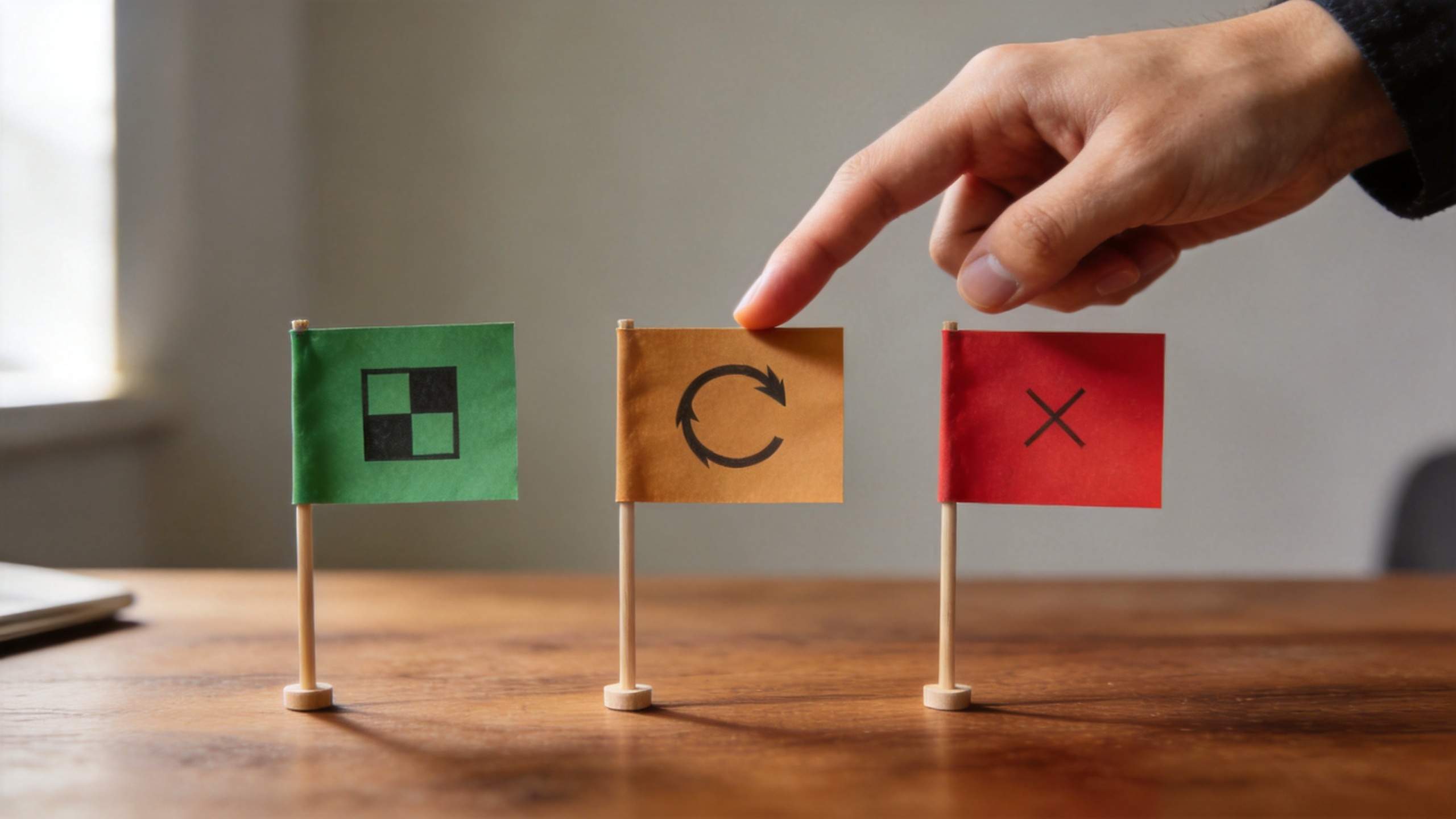 Hand pointing at orange flag with refresh icon beside green check and red X flags