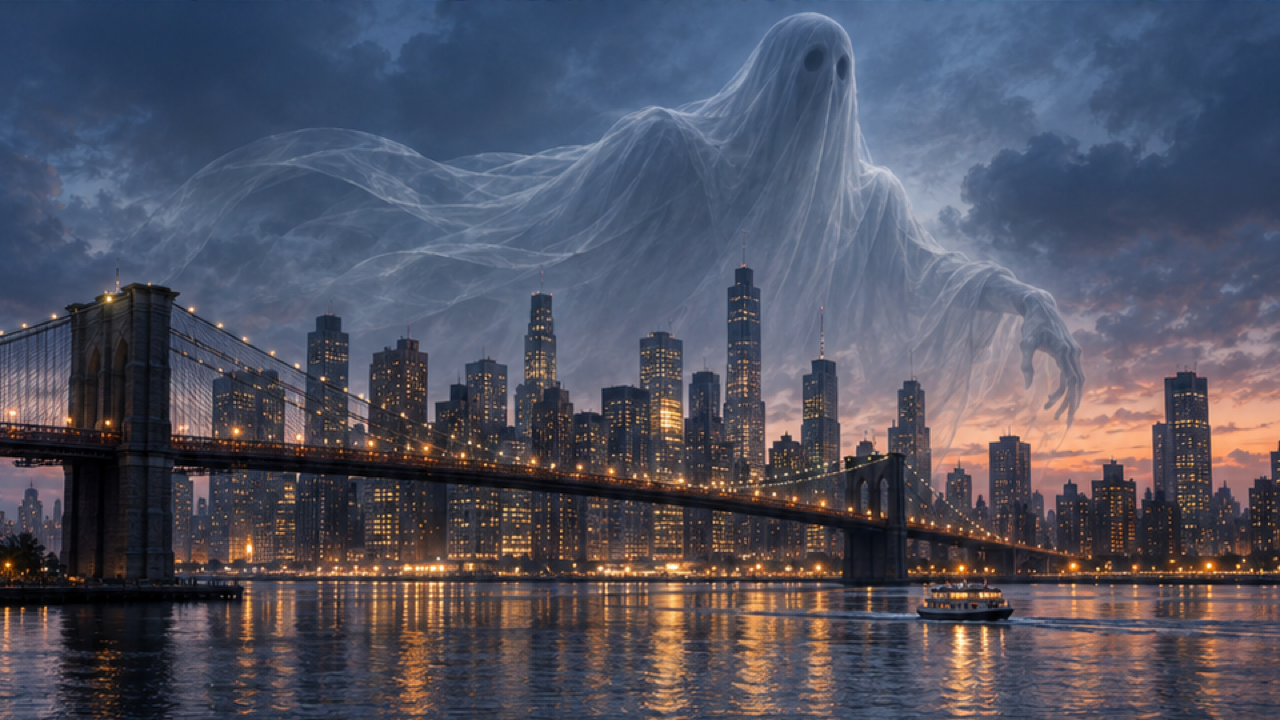 A giant translucent ghost hovering above a generic city river and bridge, twilight skyline reflected in water, warm windows and blue mist