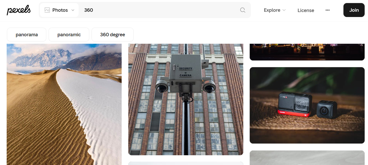 Interfața Pexels - o platformă de încredere pentru a obține fotografii panoramice 360