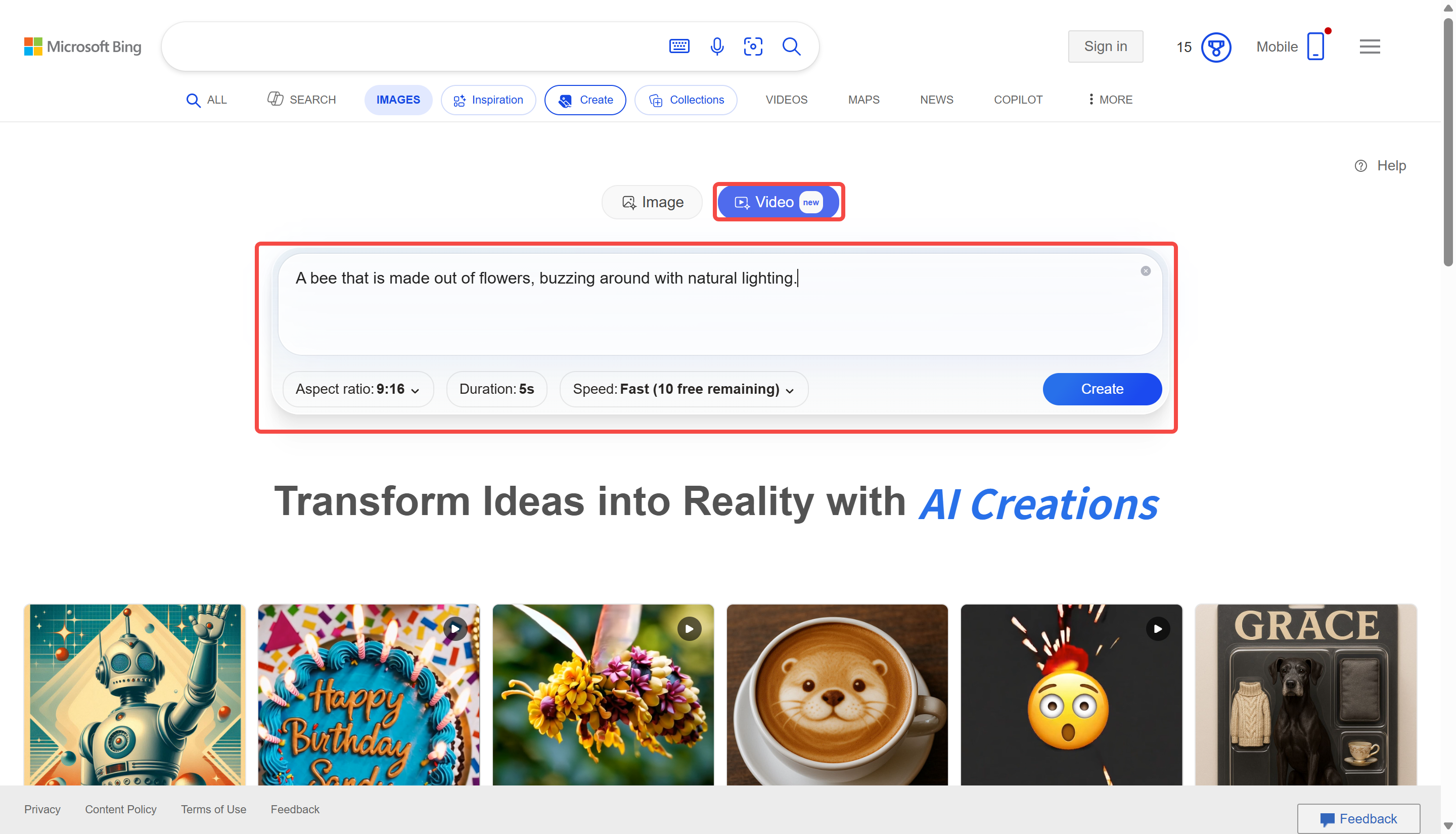 Use the Bing AI video generator