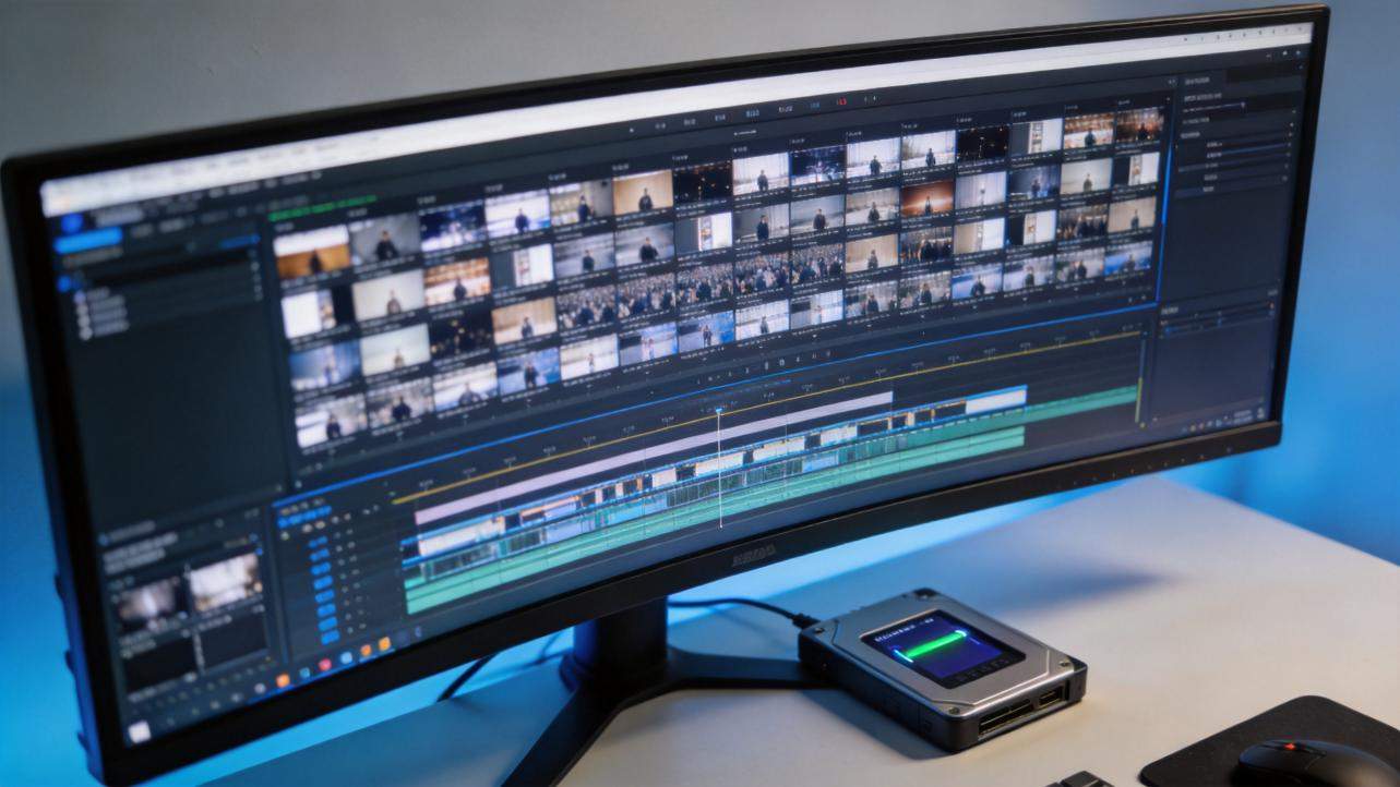 Video editing software open on a widescreen monitor with a long timeline and clip thumbnails