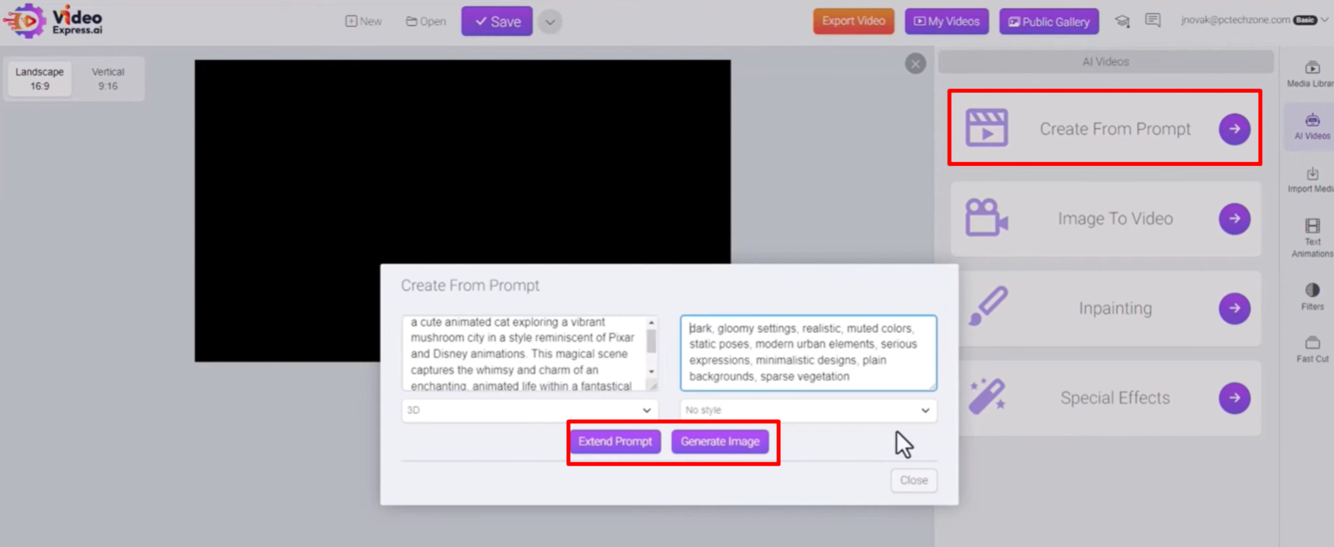 Video Express AI 'da bir video için metin istemi yazma