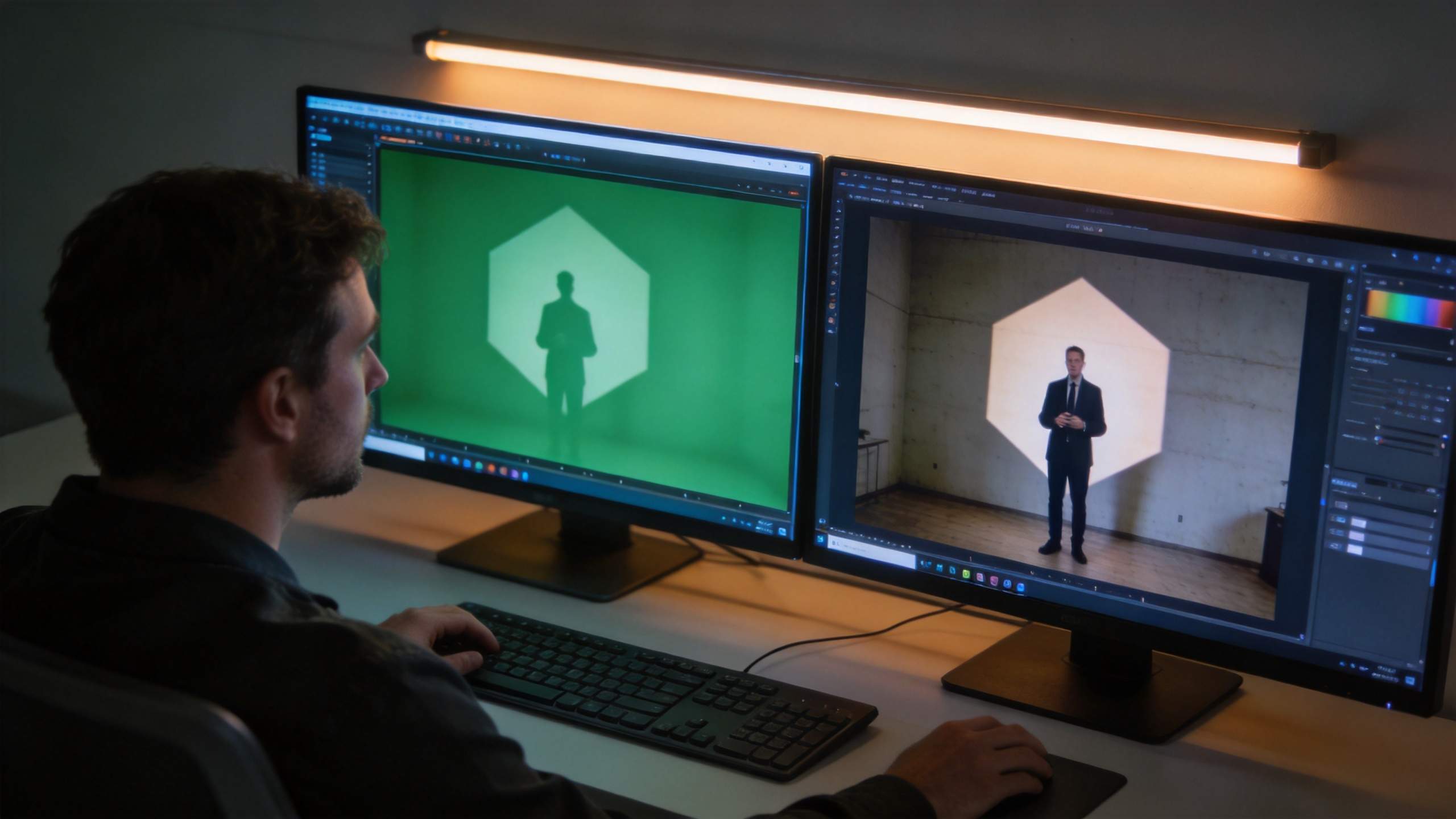 Person editing a video on dual monitors with green screen and keyed footage