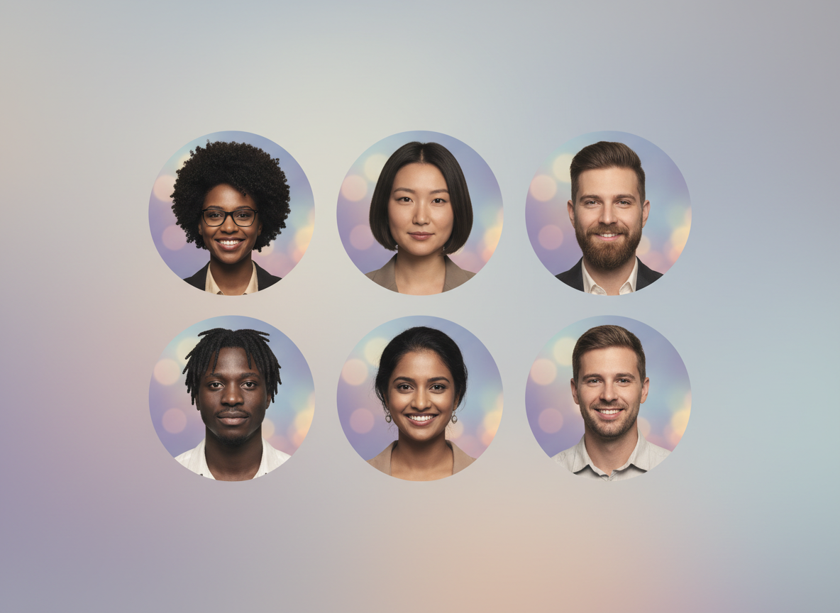 Collage of diverse team avatars with consistent bokeh background, uniform crop and tone for batch processing.