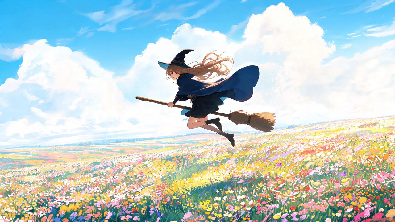 Young witch flying above a flower valley