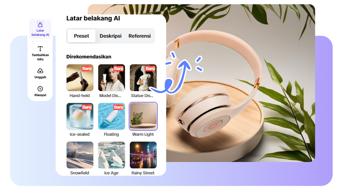Sesuaikan gaya brand Anda dengan edit background foto AI