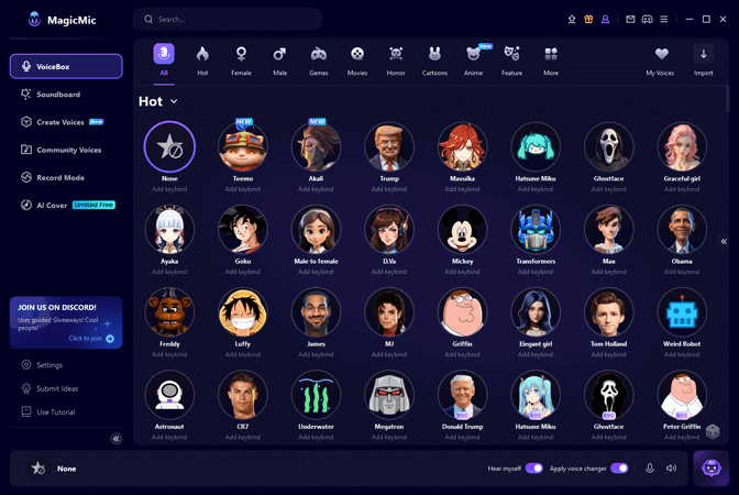 Interface of Voicemod - a user-friendly mic voice changer