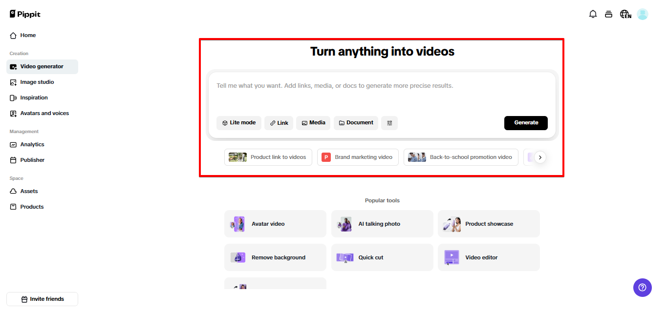 Video generator in Pippit