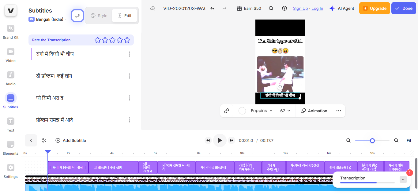 Rozhraní VEED - spolehlivý přepis videa