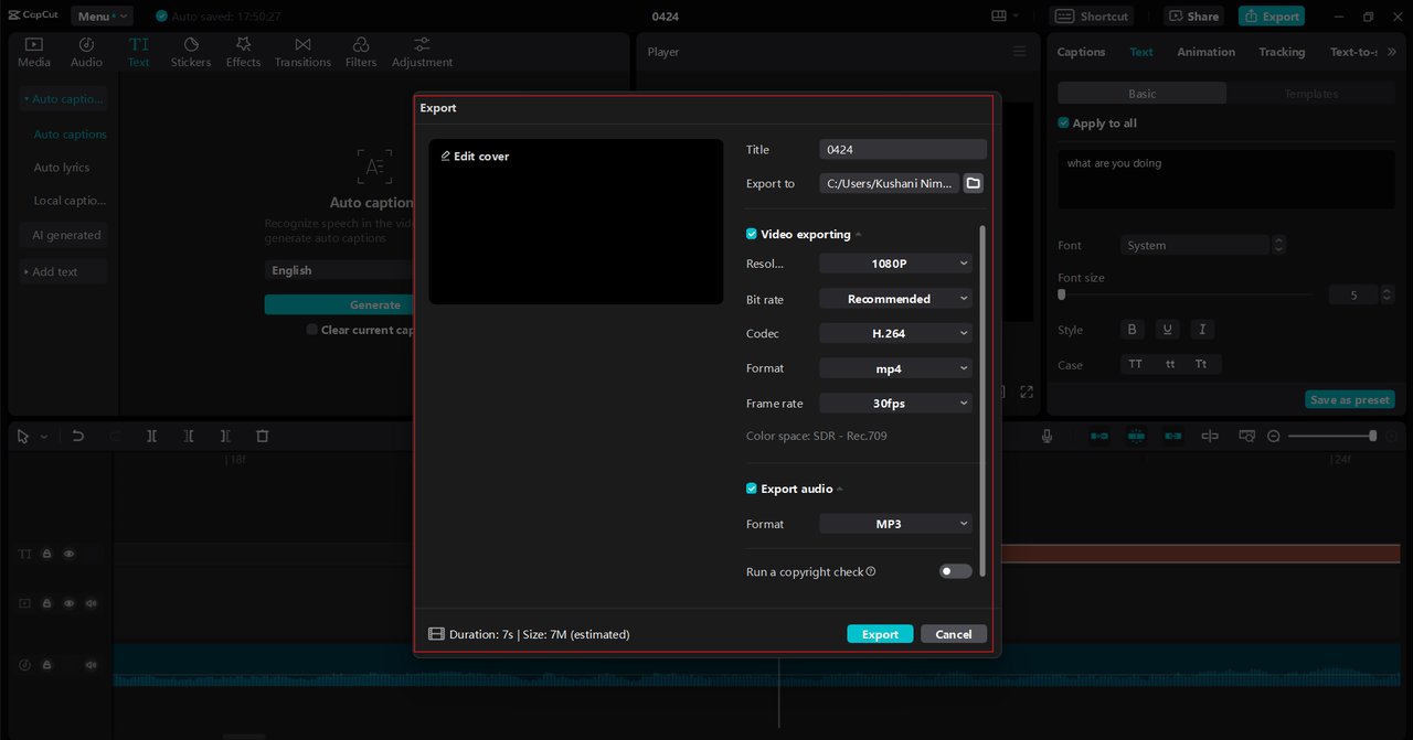 Export using CapCut video translator free online 