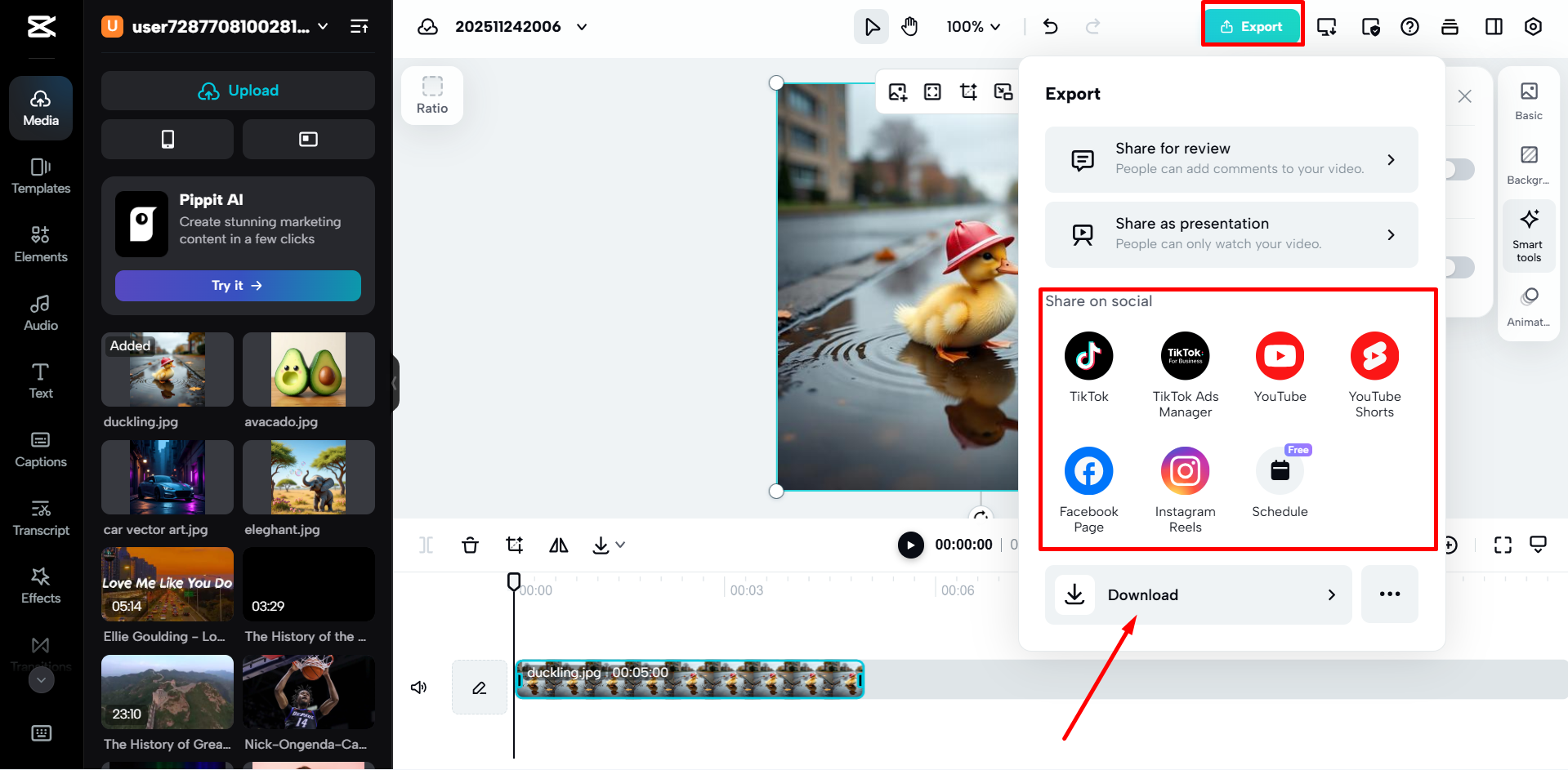 Exporting the final video from the CapCut online video editor