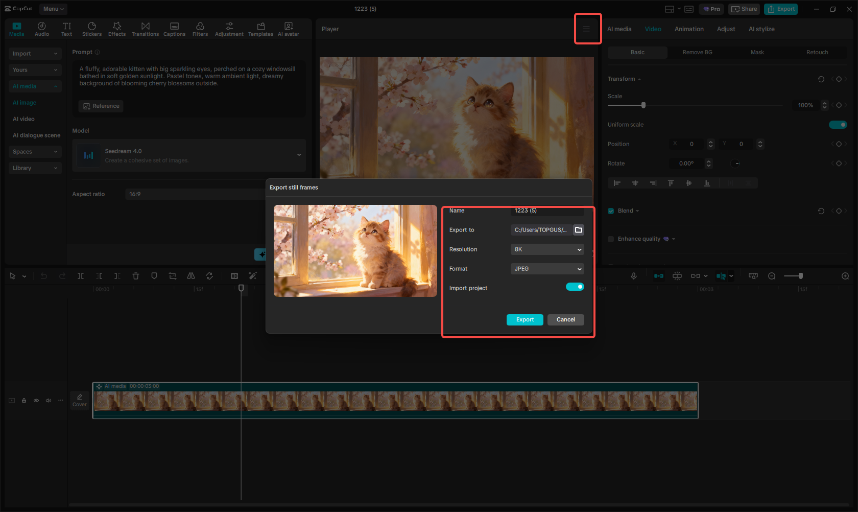 Exporting the AI image in CapCut