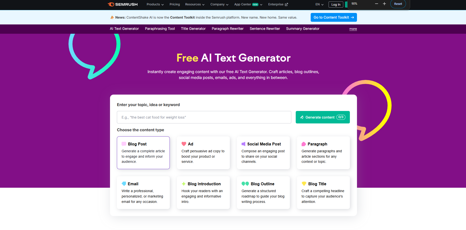 Interface of Semsrush - another online AI text generator