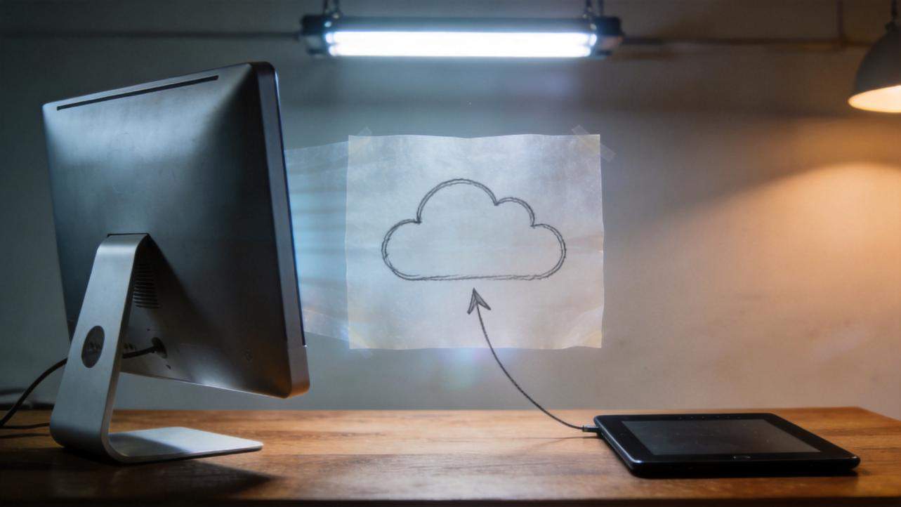 Desktop monitor and tablet connected by a drawn arrow to a cloud sketch on the wall