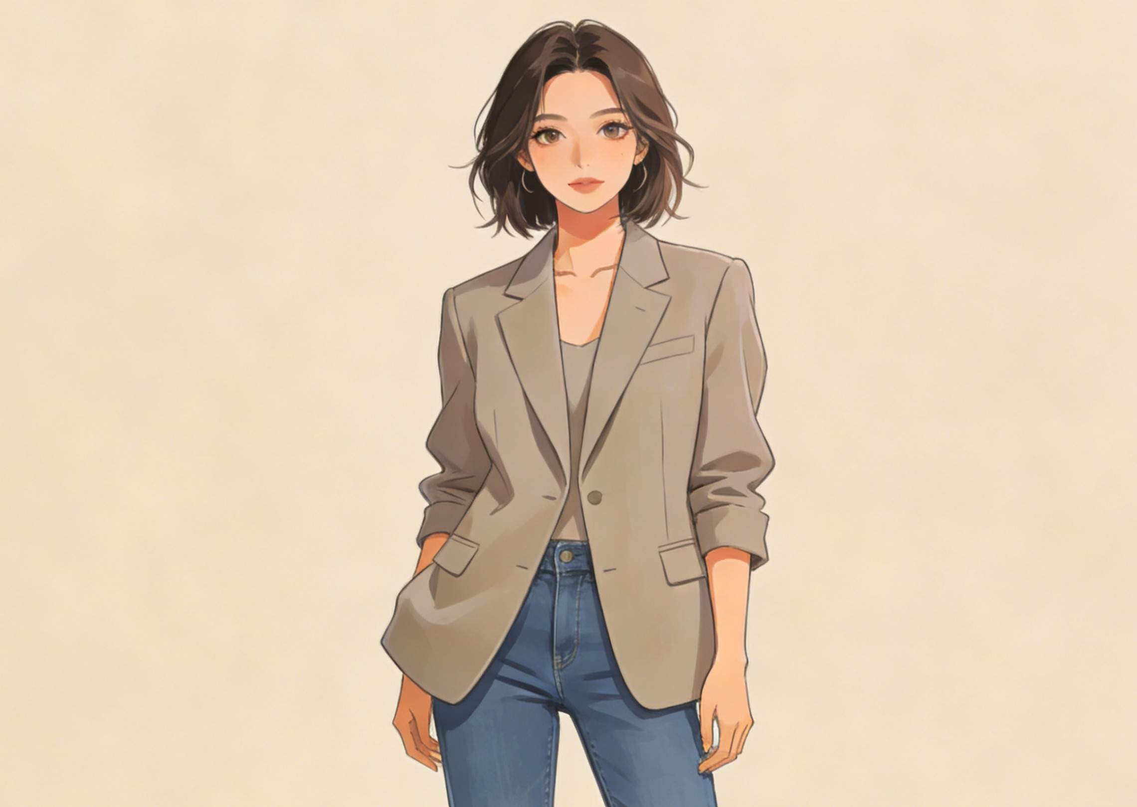 Hasilkan karakter wanita dalam blazer dan jeans kasual yang cerdas
