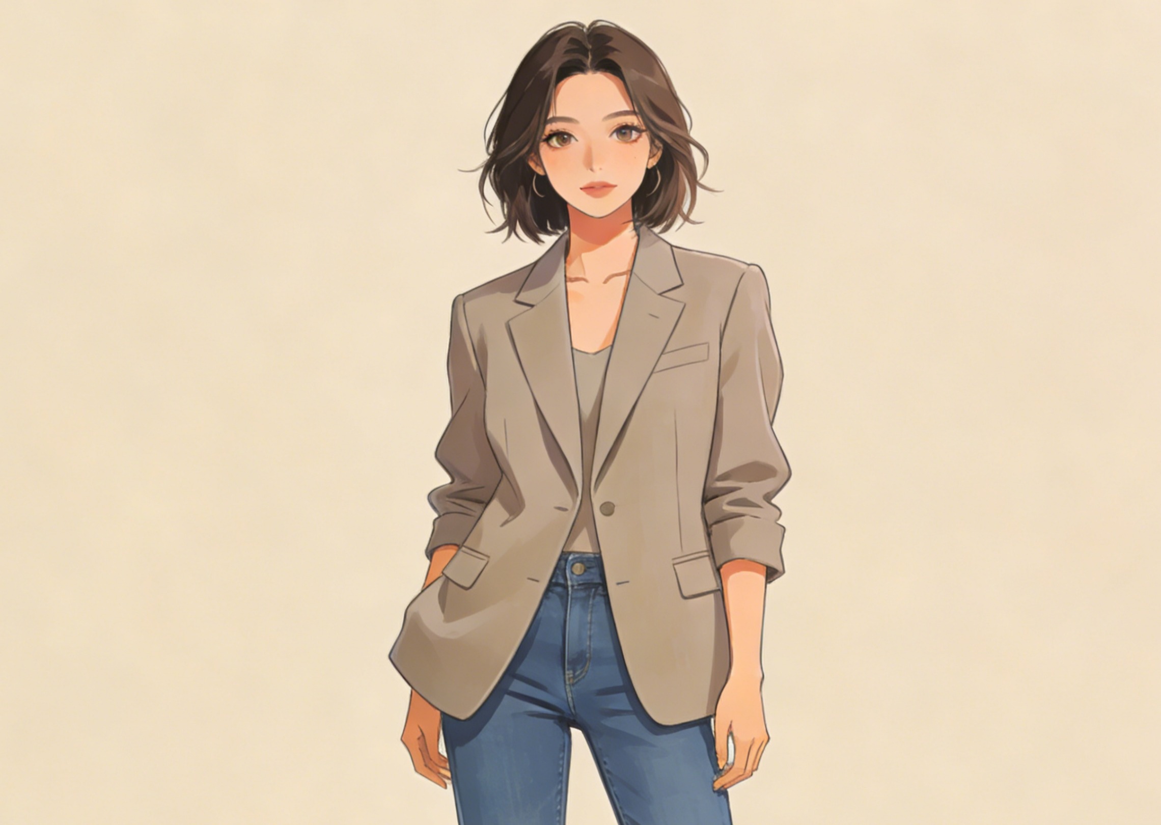 Generate a female character in a smart casual blazer and jeans