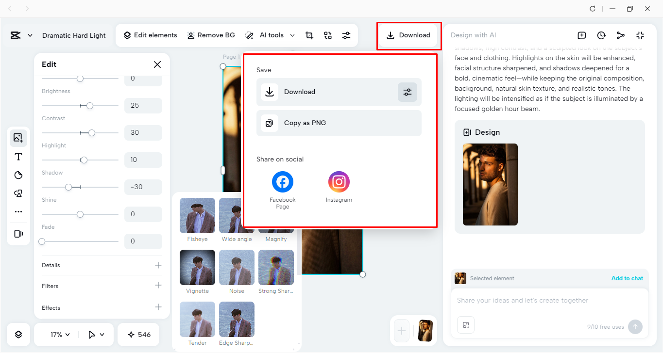 Exporting the image with hard light effects from the CapCut desktop video editor