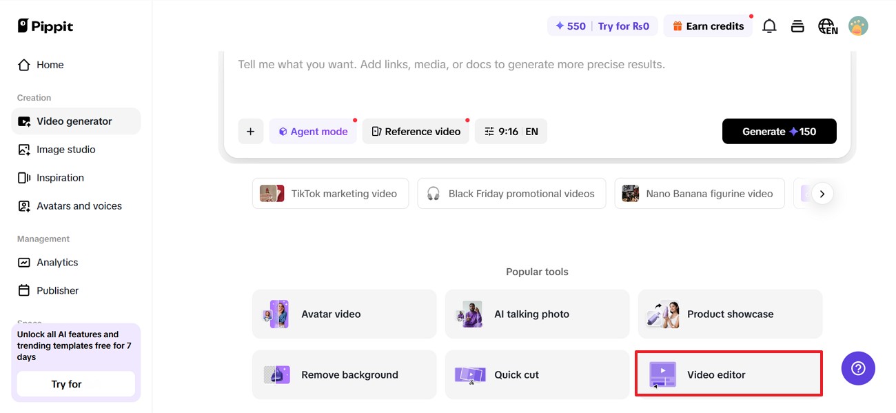 acesse o vídeo editor no pippit