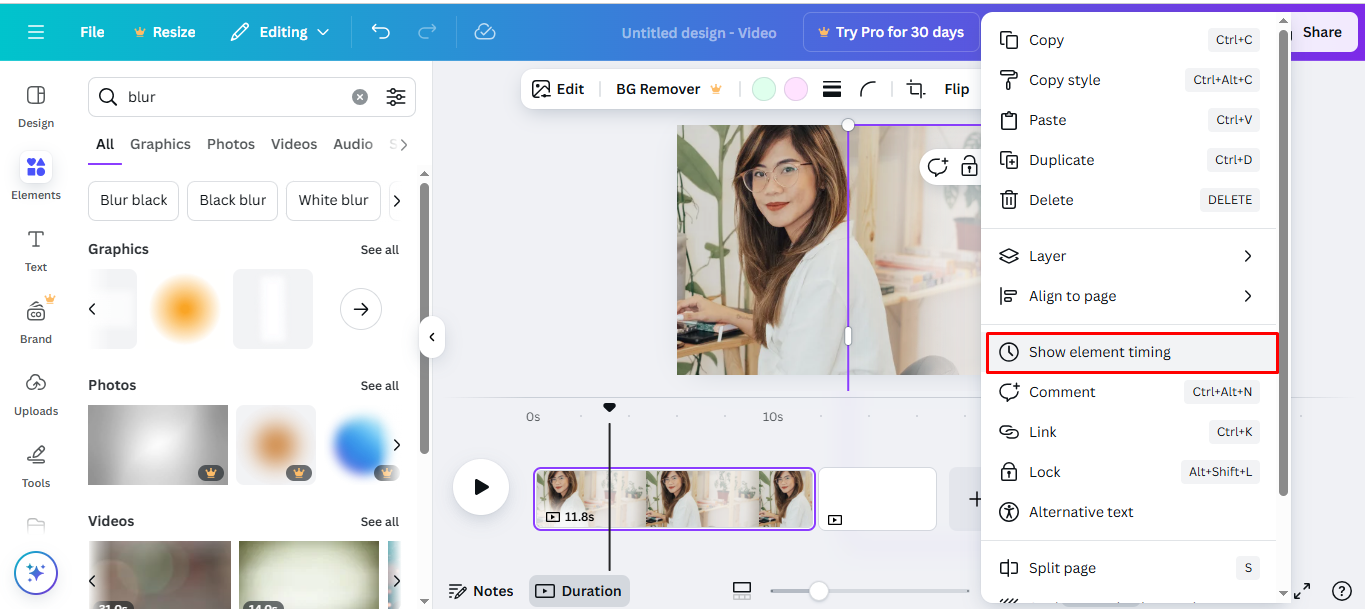 Adjusting size, timing, and positioning of blurred backgrounds in Canva