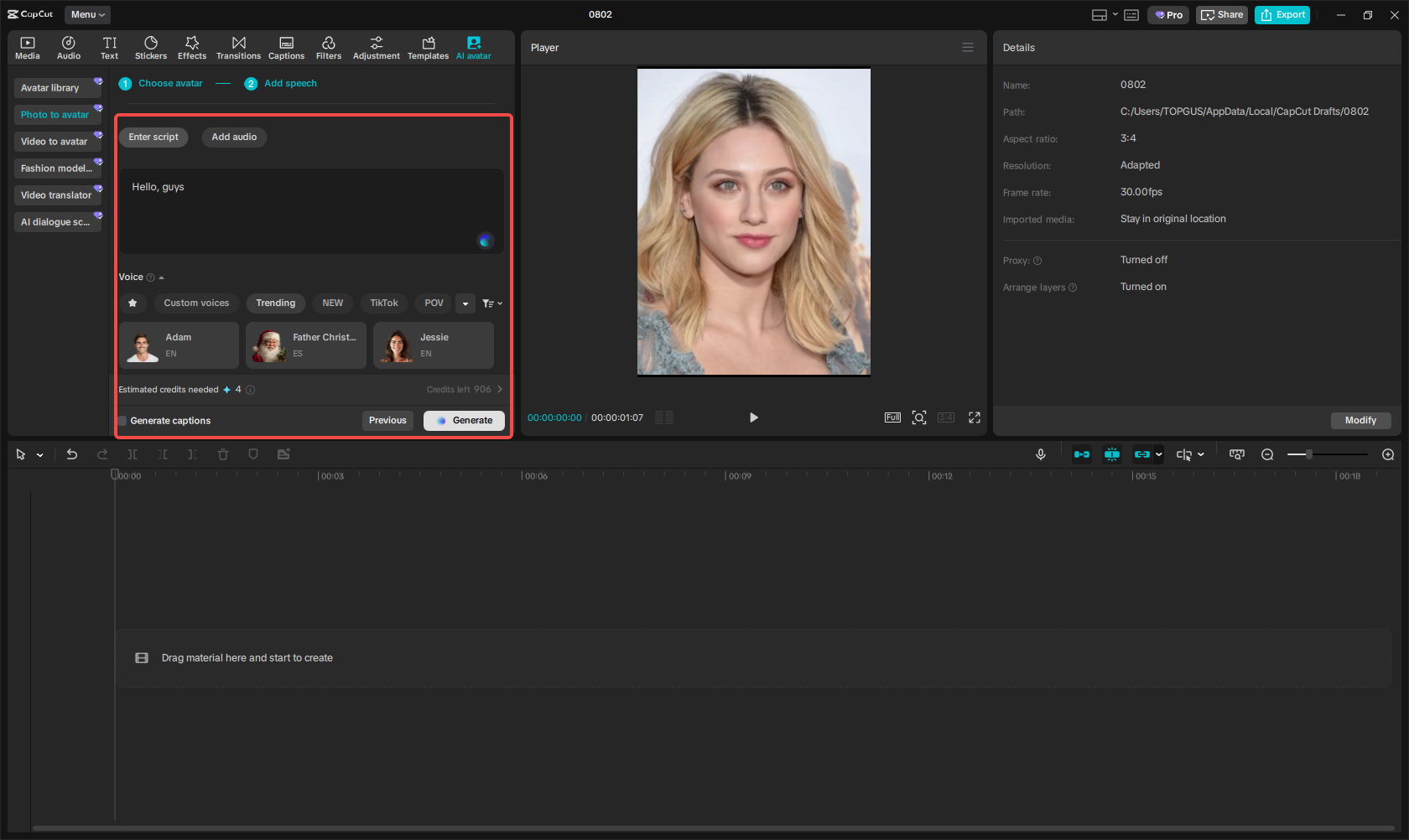 Generating the avatar video in CapCut